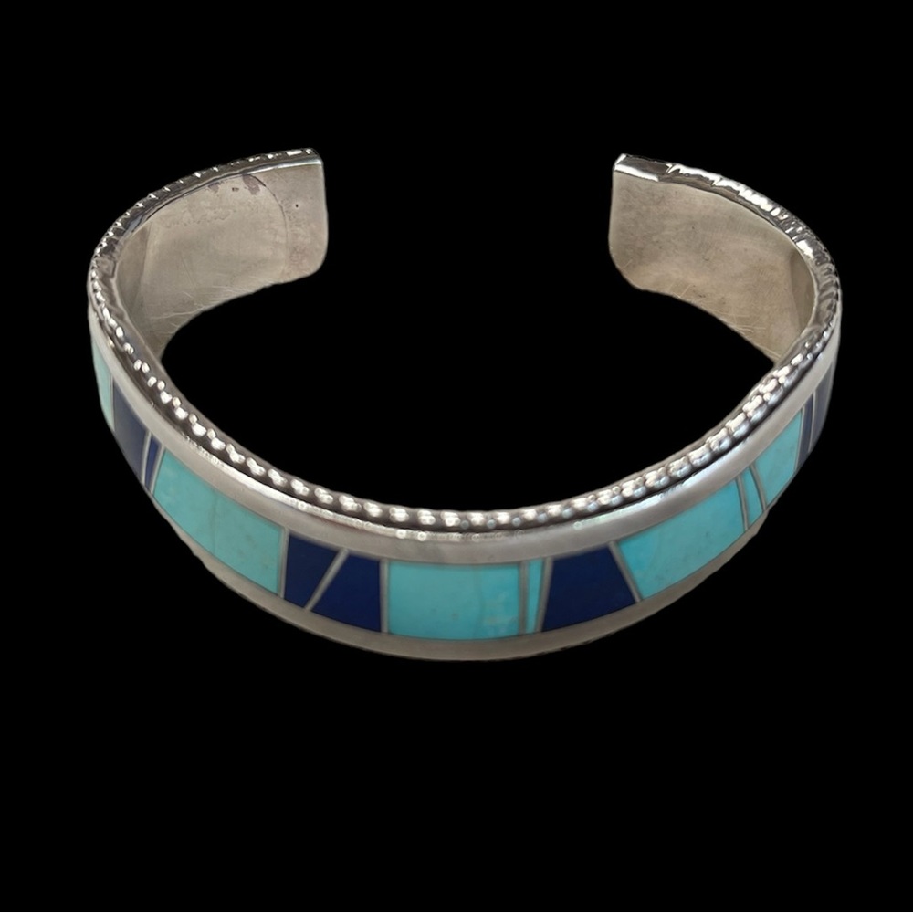 Native American Turquoise and lapis inlay sterling silver bangle.